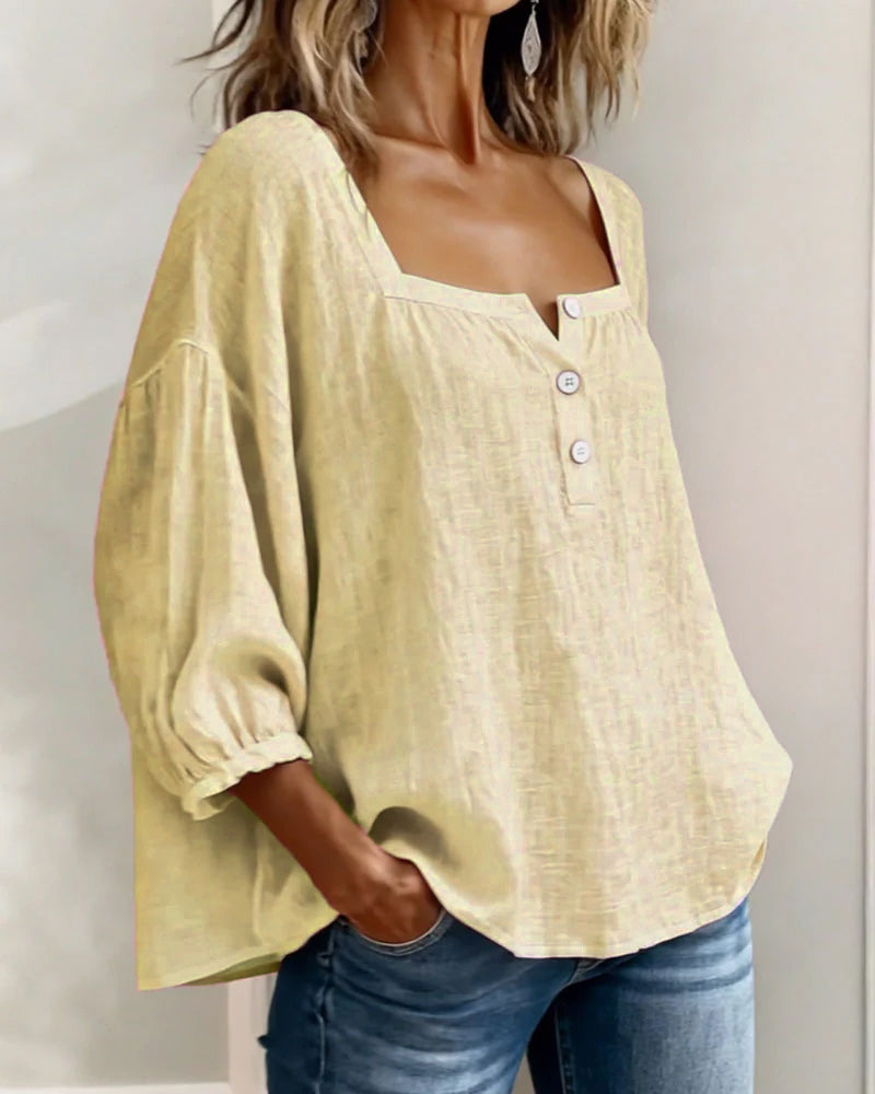 Linen Square Neck Blouse – Women's Puff Sleeve Relaxed Fit Top