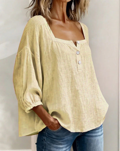 Linen Square Neck Blouse – Women's Puff Sleeve Relaxed Fit Top