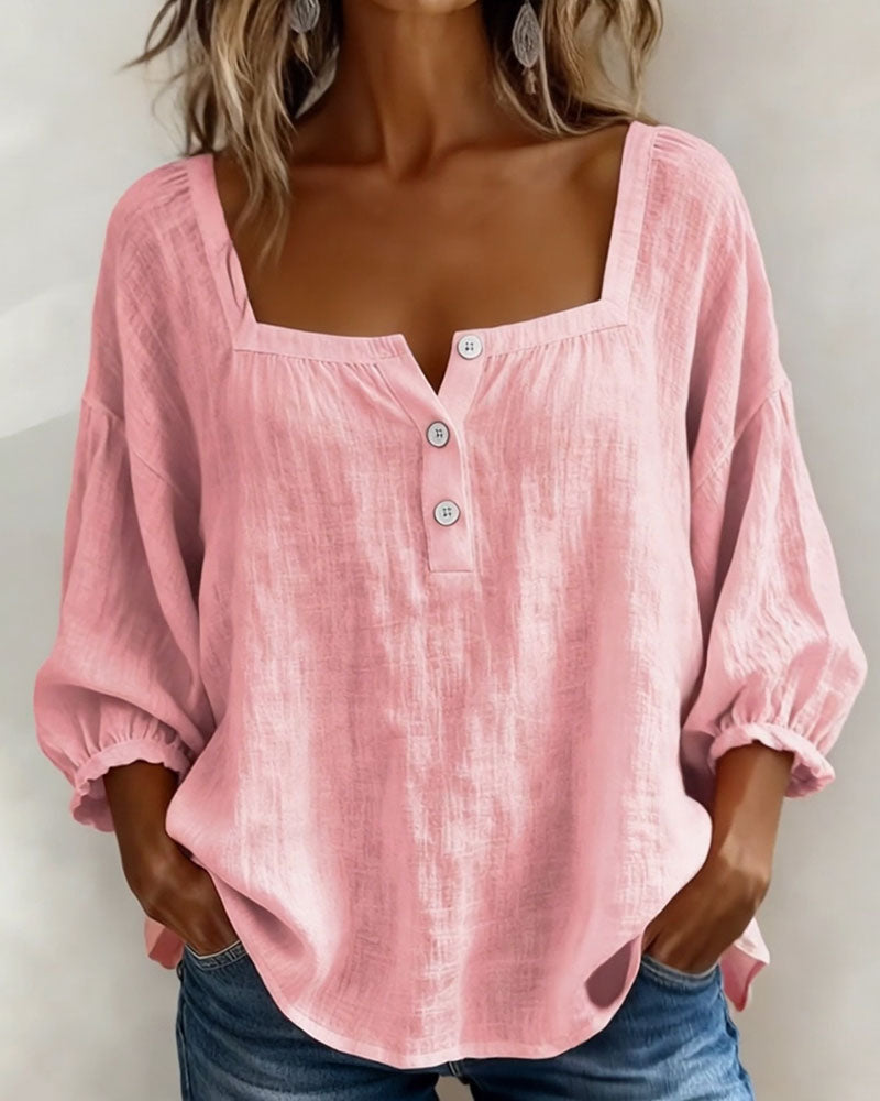 Linen Square Neck Blouse – Women's Puff Sleeve Relaxed Fit Top