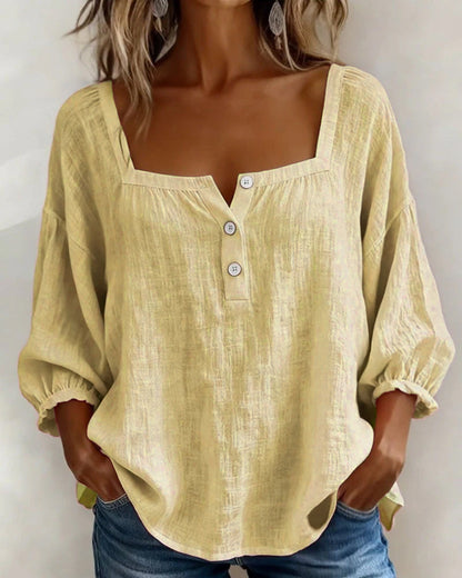 Linen Square Neck Blouse – Women's Puff Sleeve Relaxed Fit Top