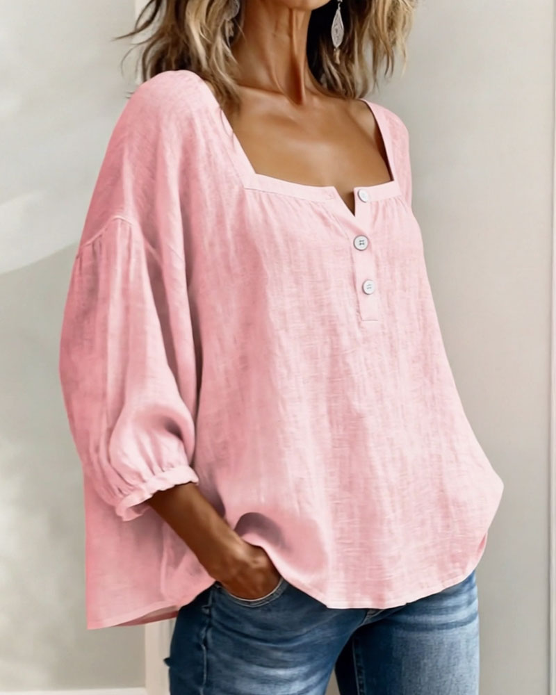 Linen Square Neck Blouse – Women's Puff Sleeve Relaxed Fit Top