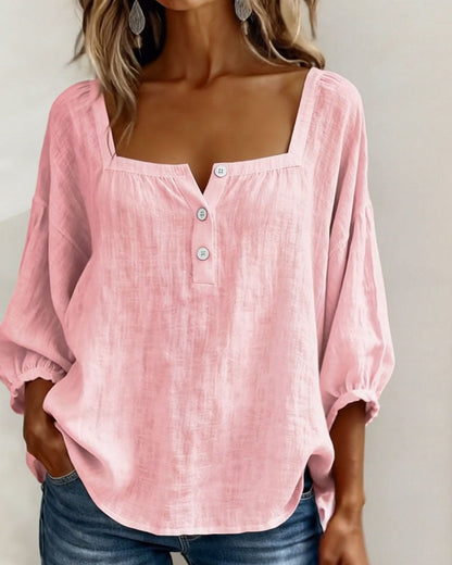 Linen Square Neck Blouse – Women's Puff Sleeve Relaxed Fit Top