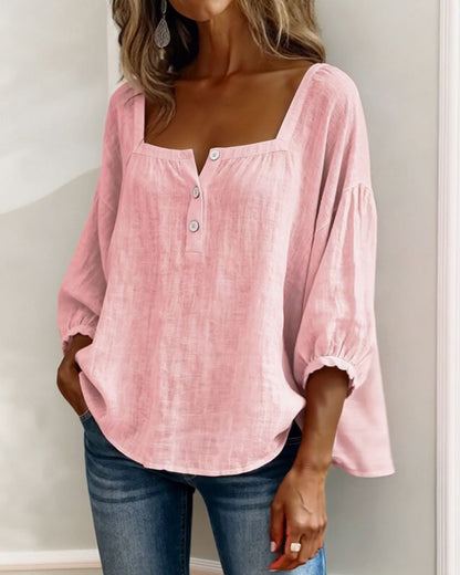 Linen Square Neck Blouse – Women's Puff Sleeve Relaxed Fit Top