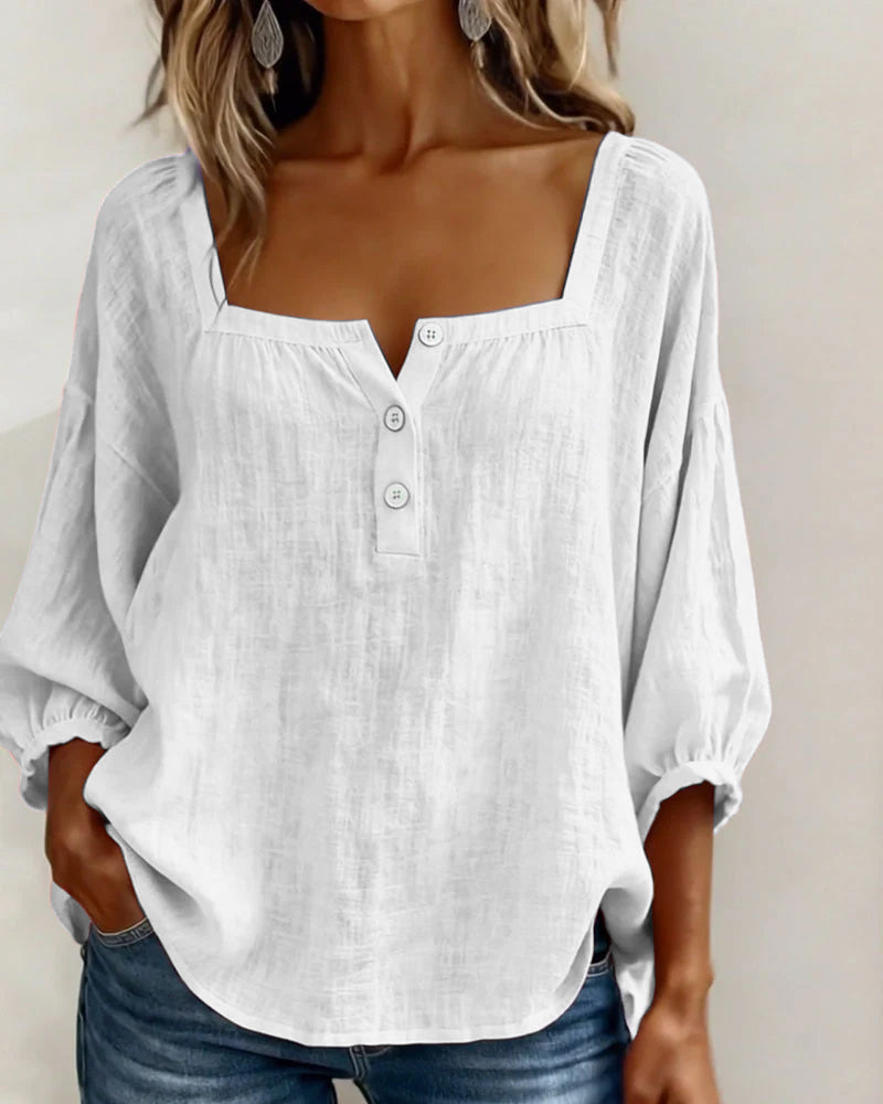 Linen Square Neck Blouse – Women's Puff Sleeve Relaxed Fit Top