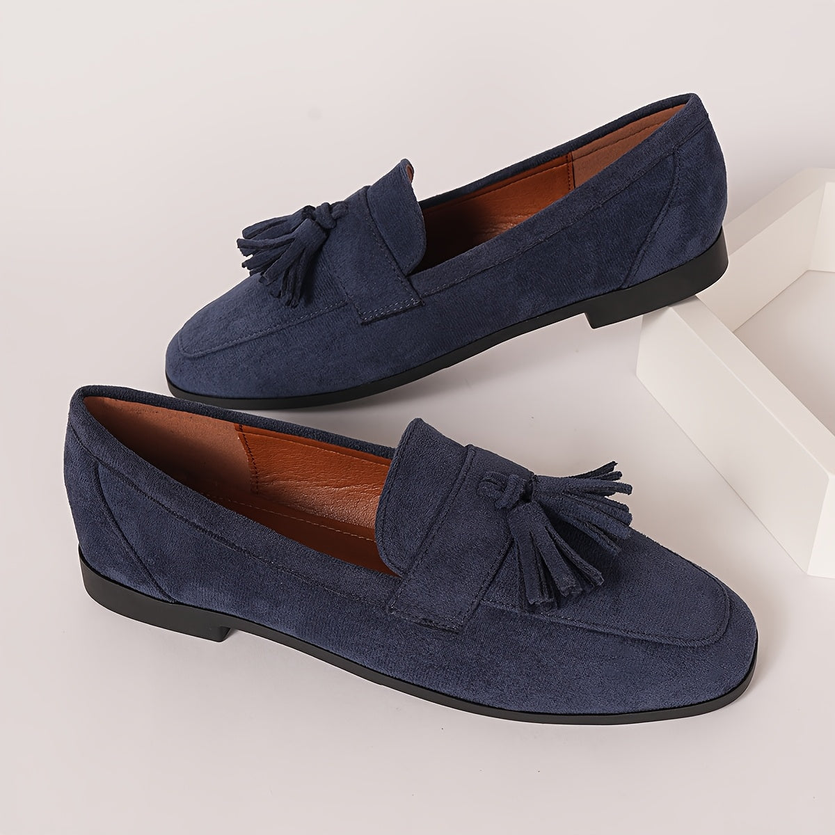 Suede Tassel Loafers – Women's Flat Slip-On Round Toe