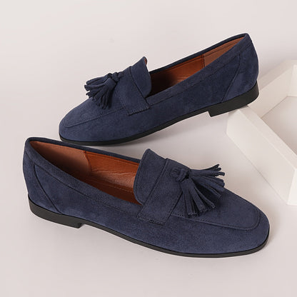 Suede Tassel Loafers – Women's Flat Slip-On Round Toe