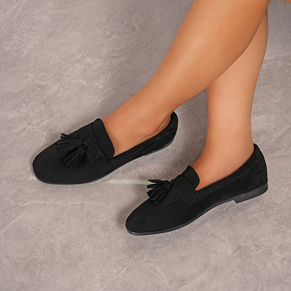 Suede Tassel Loafers – Women's Flat Slip-On Round Toe