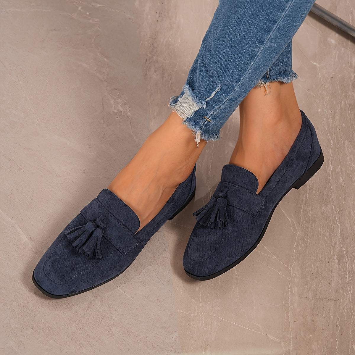 Suede Tassel Loafers – Women's Flat Slip-On Round Toe