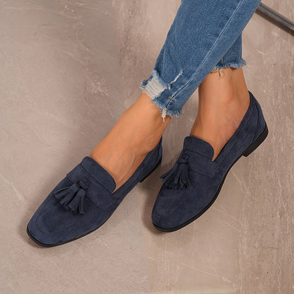 Suede Tassel Loafers – Women's Flat Slip-On Round Toe
