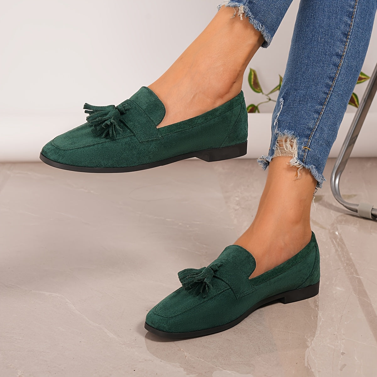 Suede Tassel Loafers – Women's Flat Slip-On Round Toe