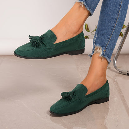 Suede Tassel Loafers – Women's Flat Slip-On Round Toe
