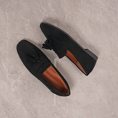 Suede Tassel Loafers – Women's Flat Slip-On Round Toe