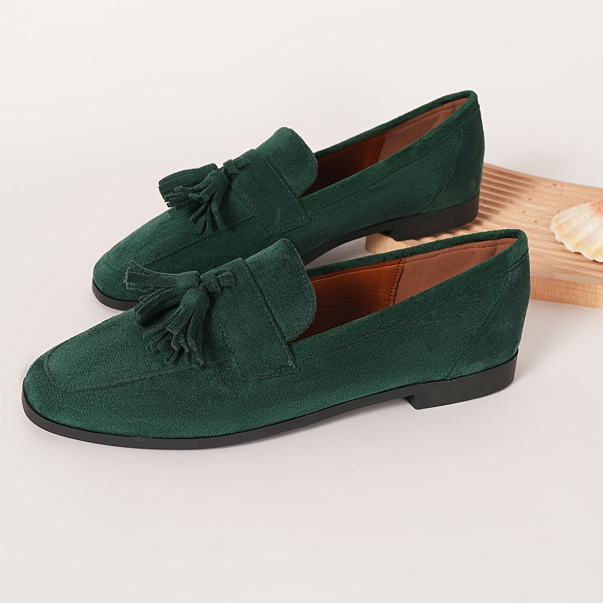 Suede Tassel Loafers – Women's Flat Slip-On Round Toe