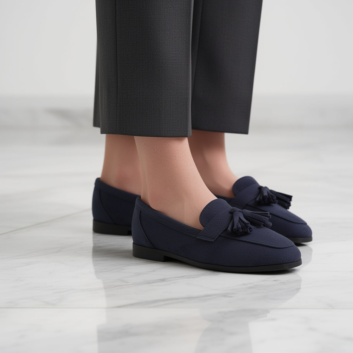 Suede Tassel Loafers – Women's Flat Slip-On Round Toe