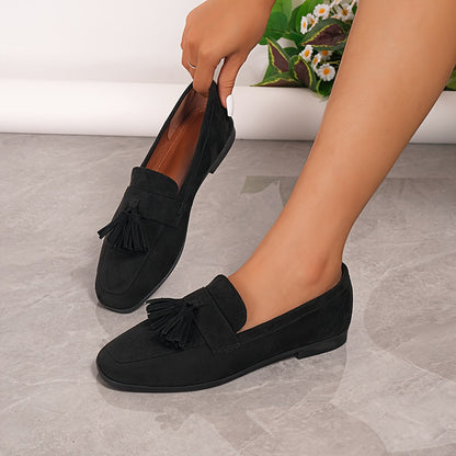 Suede Tassel Loafers – Women's Flat Slip-On Round Toe