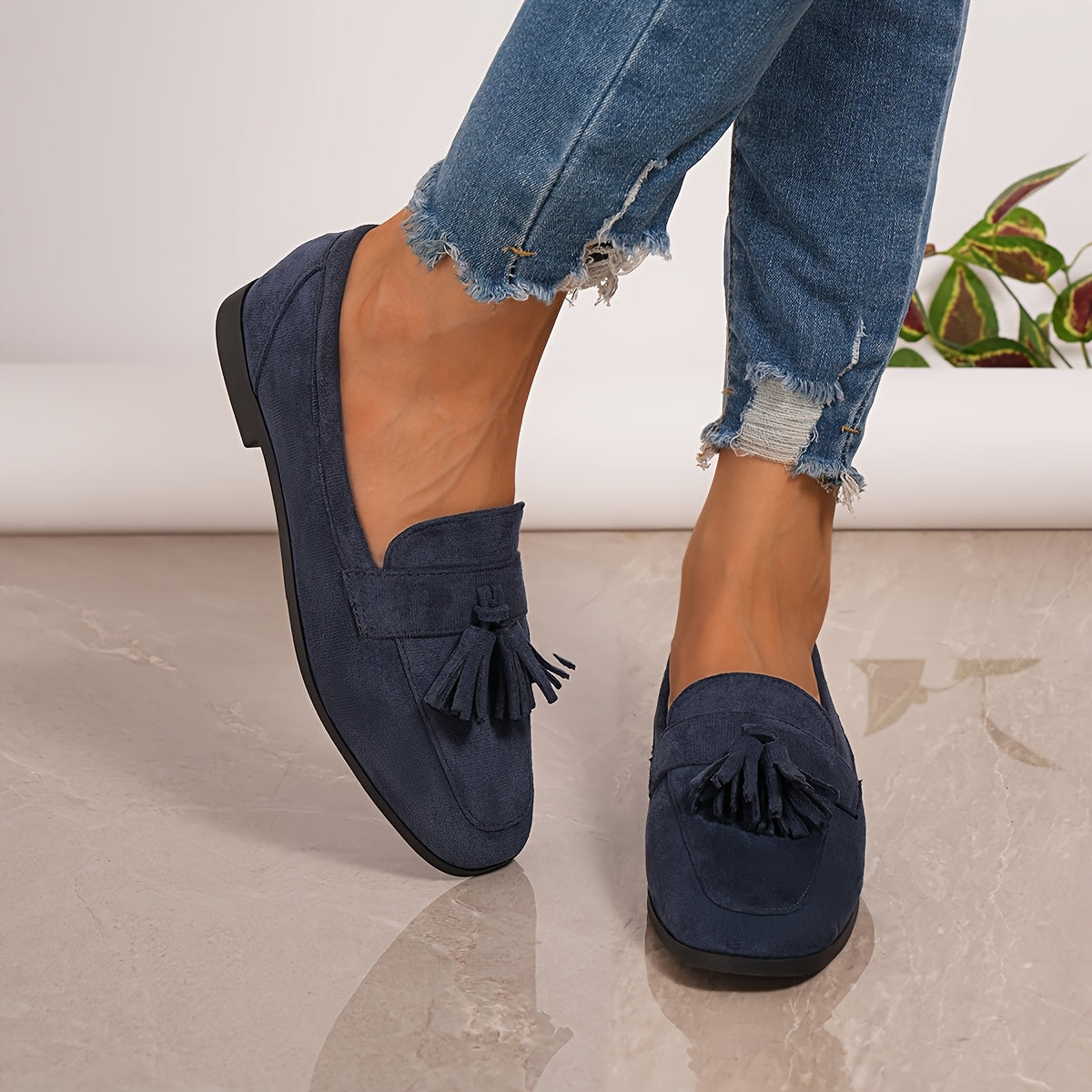 Suede Tassel Loafers – Women's Flat Slip-On Round Toe