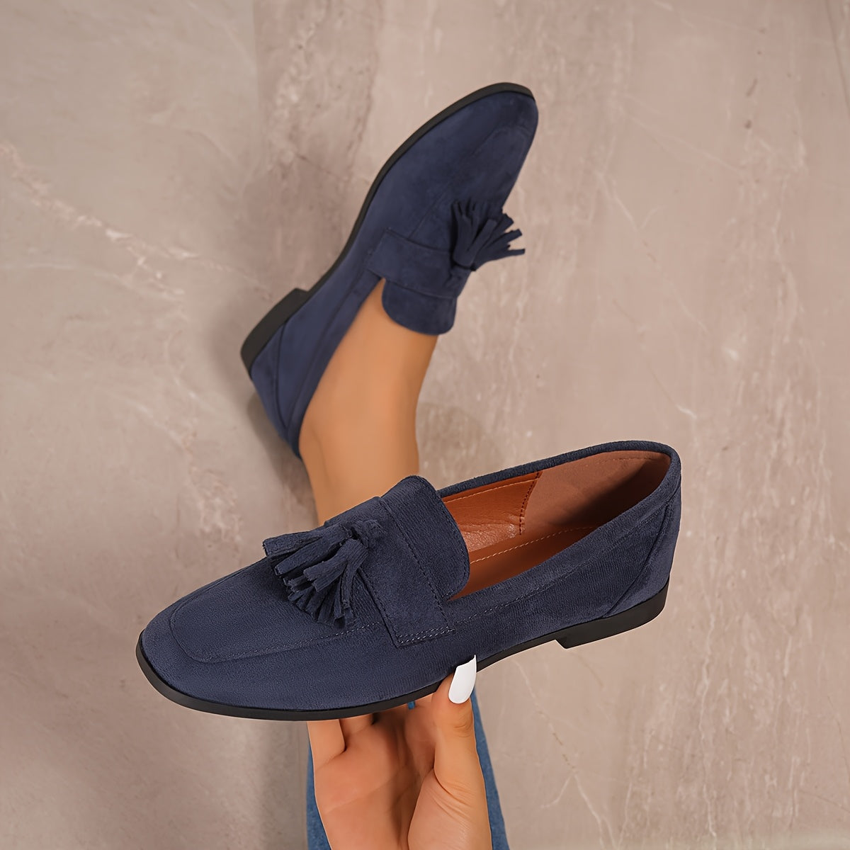 Suede Tassel Loafers – Women's Flat Slip-On Round Toe