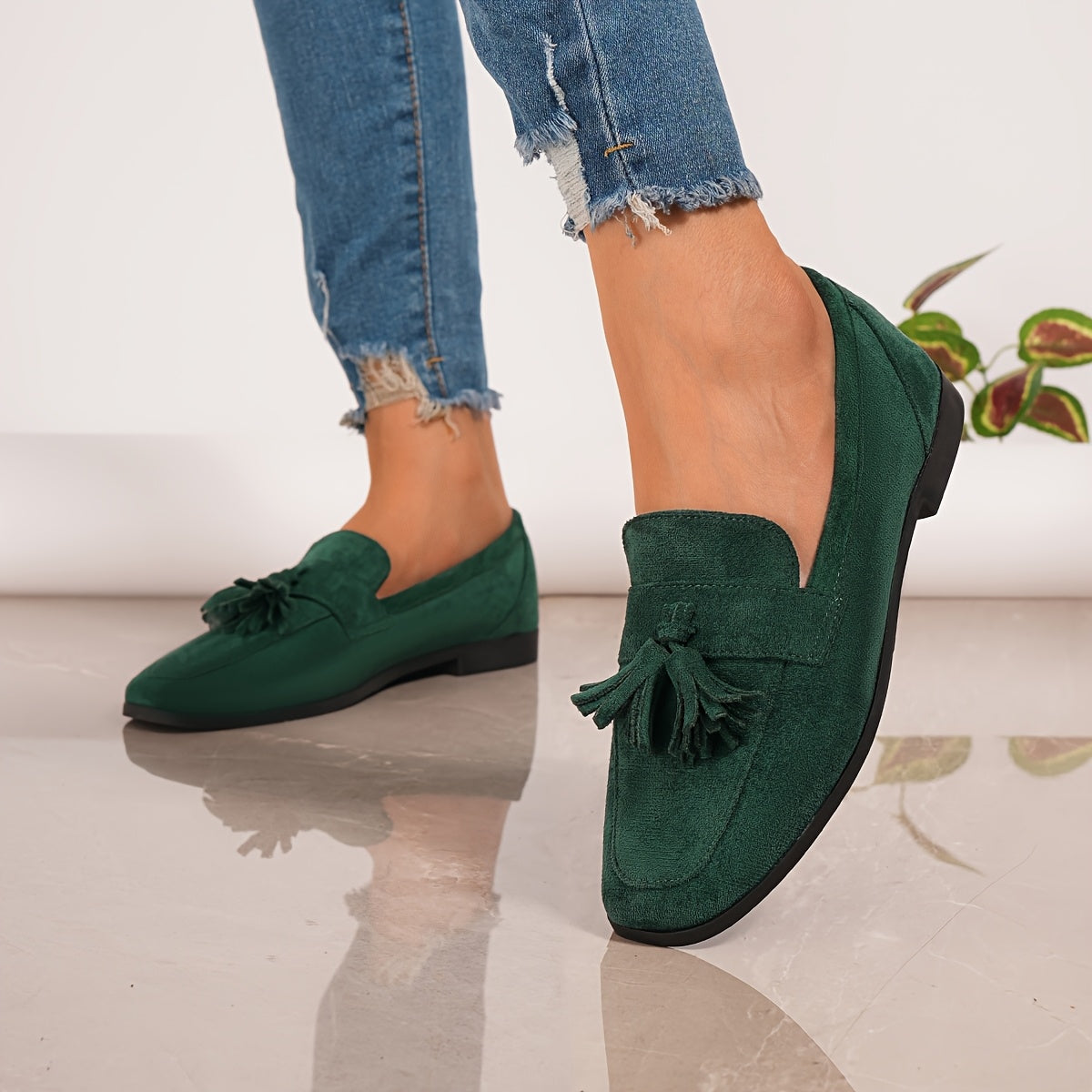 Suede Tassel Loafers – Women's Flat Slip-On Round Toe
