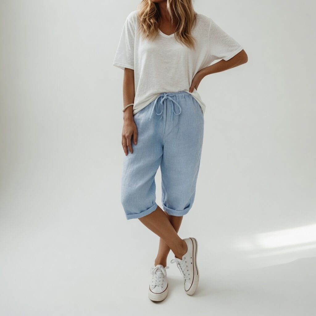 Cotton Linen Capri Pants – Wide Leg Drawstring Cuffed Summer