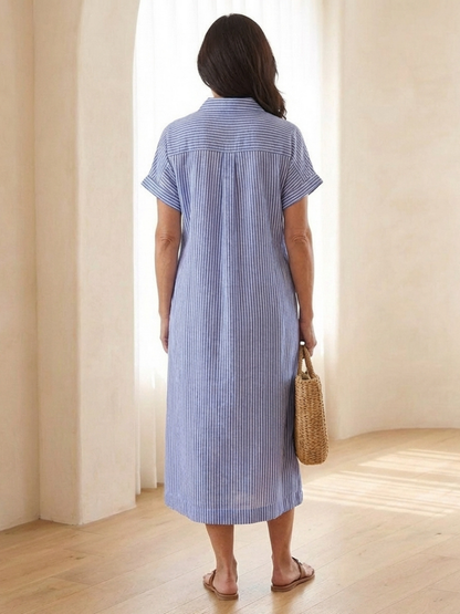 Women's Striped Button-Front Cotton Midi Dress, Short Sleeves and Side Pockets, Relaxed Fit Summer Dress