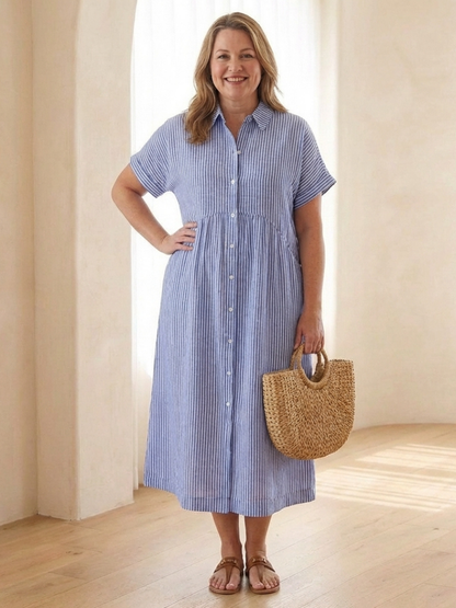Women's Striped Button-Front Cotton Midi Dress, Short Sleeves and Side Pockets, Relaxed Fit Summer Dress