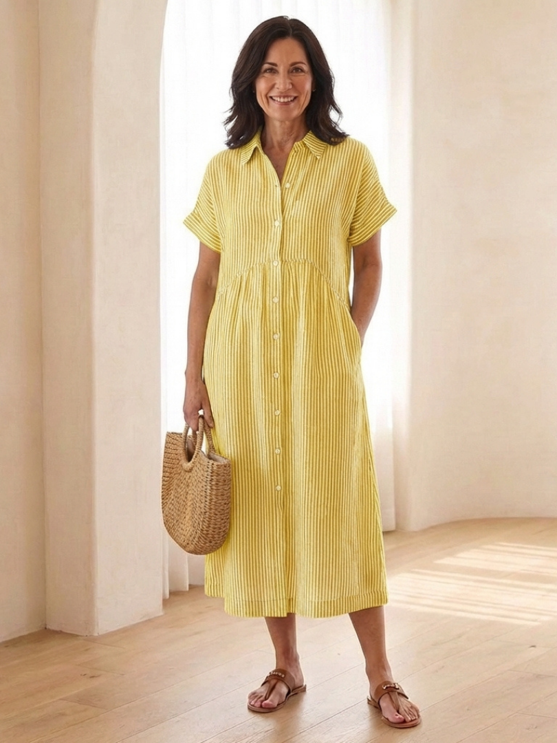 Women's Striped Button-Front Cotton Midi Dress, Short Sleeves and Side Pockets, Relaxed Fit Summer Dress