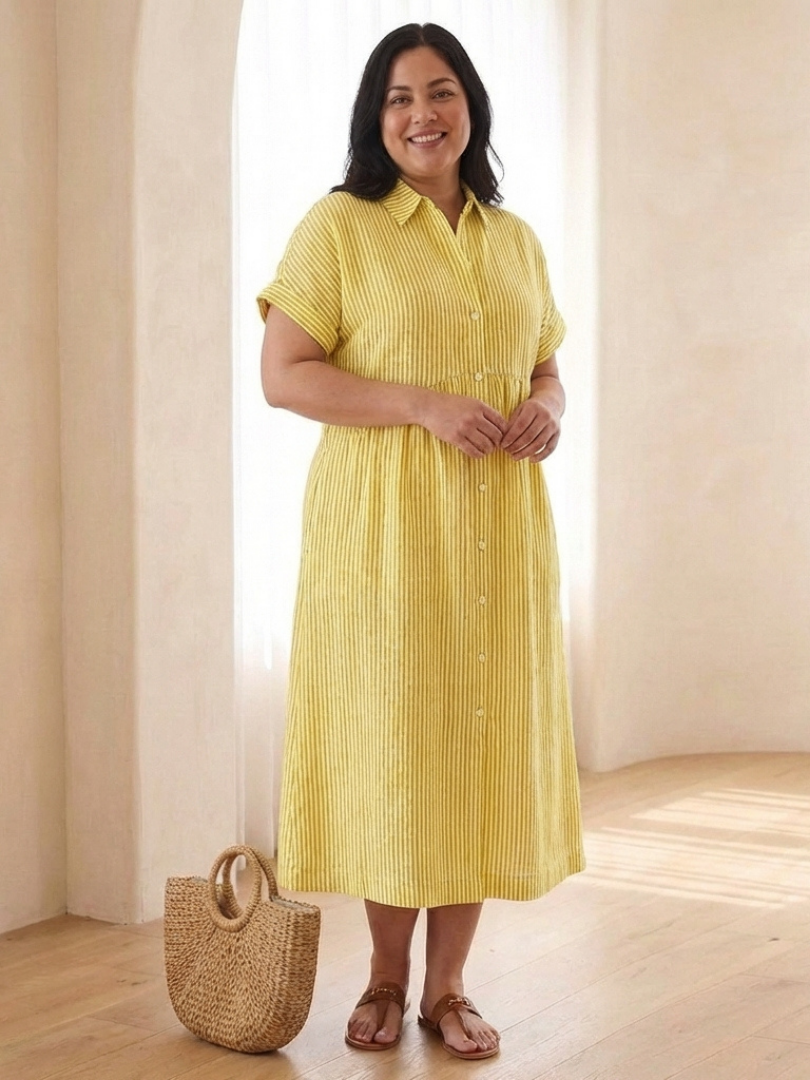 Women's Striped Button-Front Cotton Midi Dress, Short Sleeves and Side Pockets, Relaxed Fit Summer Dress