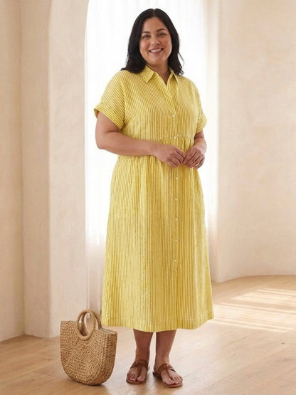 Women's Striped Button-Front Cotton Midi Dress, Short Sleeves and Side Pockets, Relaxed Fit Summer Dress