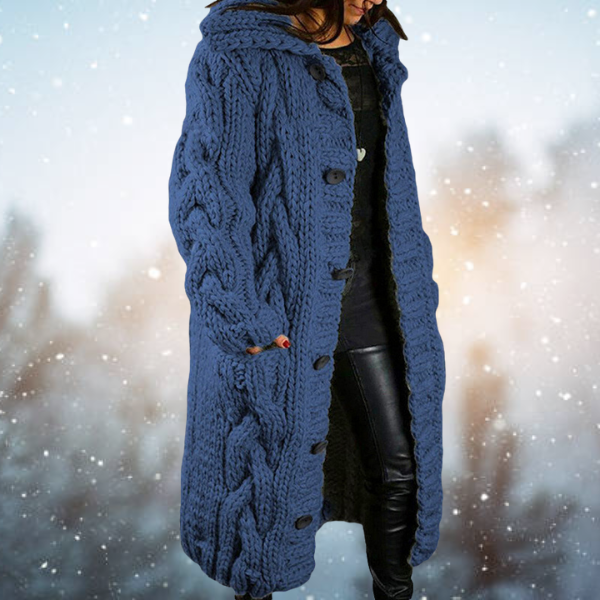 Chunky Cable Knit Hooded Cardigan – Longline Button-Front Sweater Coat