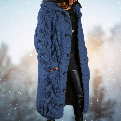 Chunky Cable Knit Hooded Cardigan – Longline Button-Front Sweater Coat
