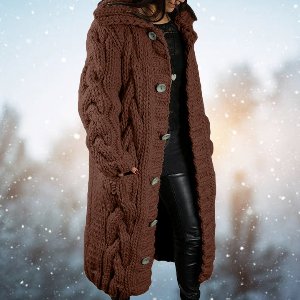 Chunky Cable Knit Hooded Cardigan – Longline Button-Front Sweater Coat