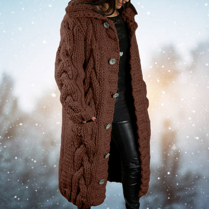 Chunky Cable Knit Hooded Cardigan – Longline Button-Front Sweater Coat