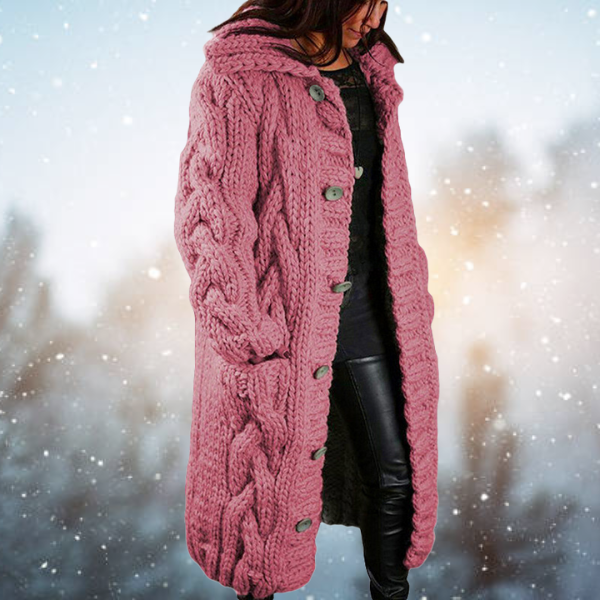 Chunky Cable Knit Hooded Cardigan – Longline Button-Front Sweater Coat