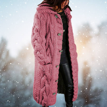 Chunky Cable Knit Hooded Cardigan – Longline Button-Front Sweater Coat