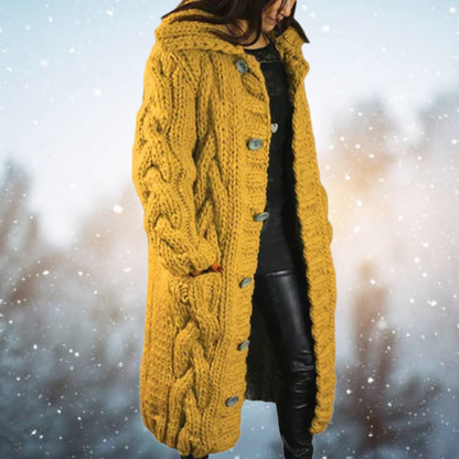 Chunky Cable Knit Hooded Cardigan – Longline Button-Front Sweater Coat