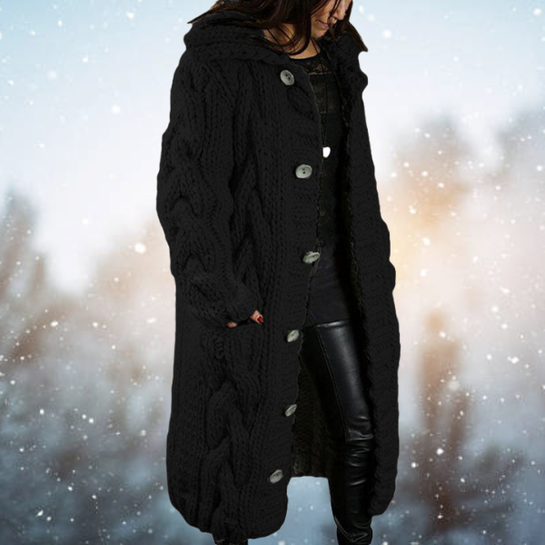 Chunky Cable Knit Hooded Cardigan – Longline Button-Front Sweater Coat