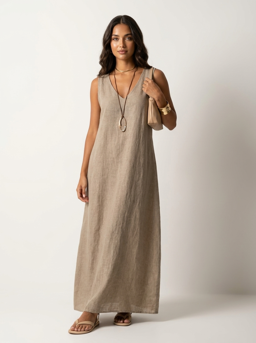 Linen-Look Sleeveless Maxi Dress – V-Neck Flowy Summer Dress