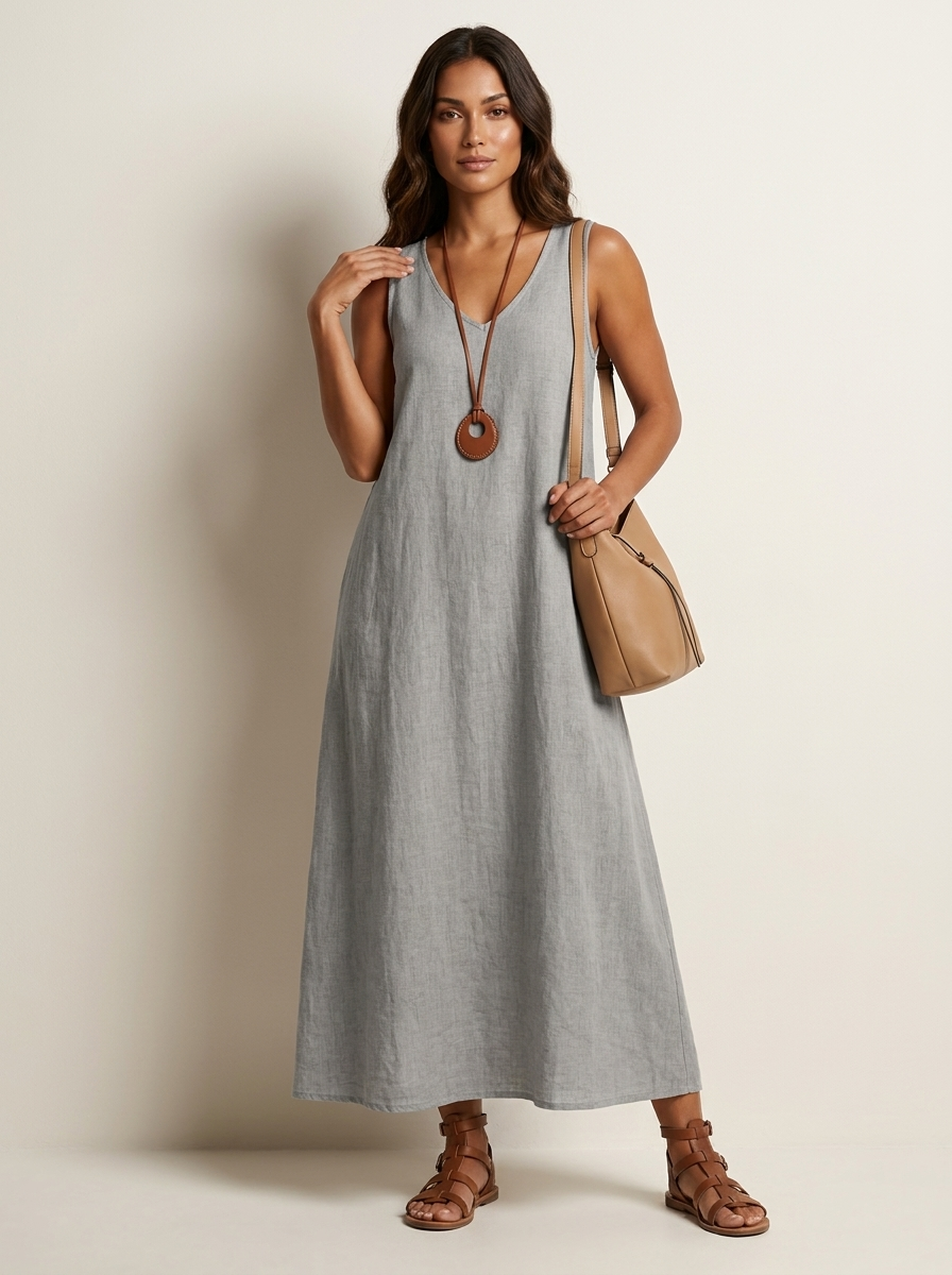 Linen-Look Sleeveless Maxi Dress – V-Neck Flowy Summer Dress