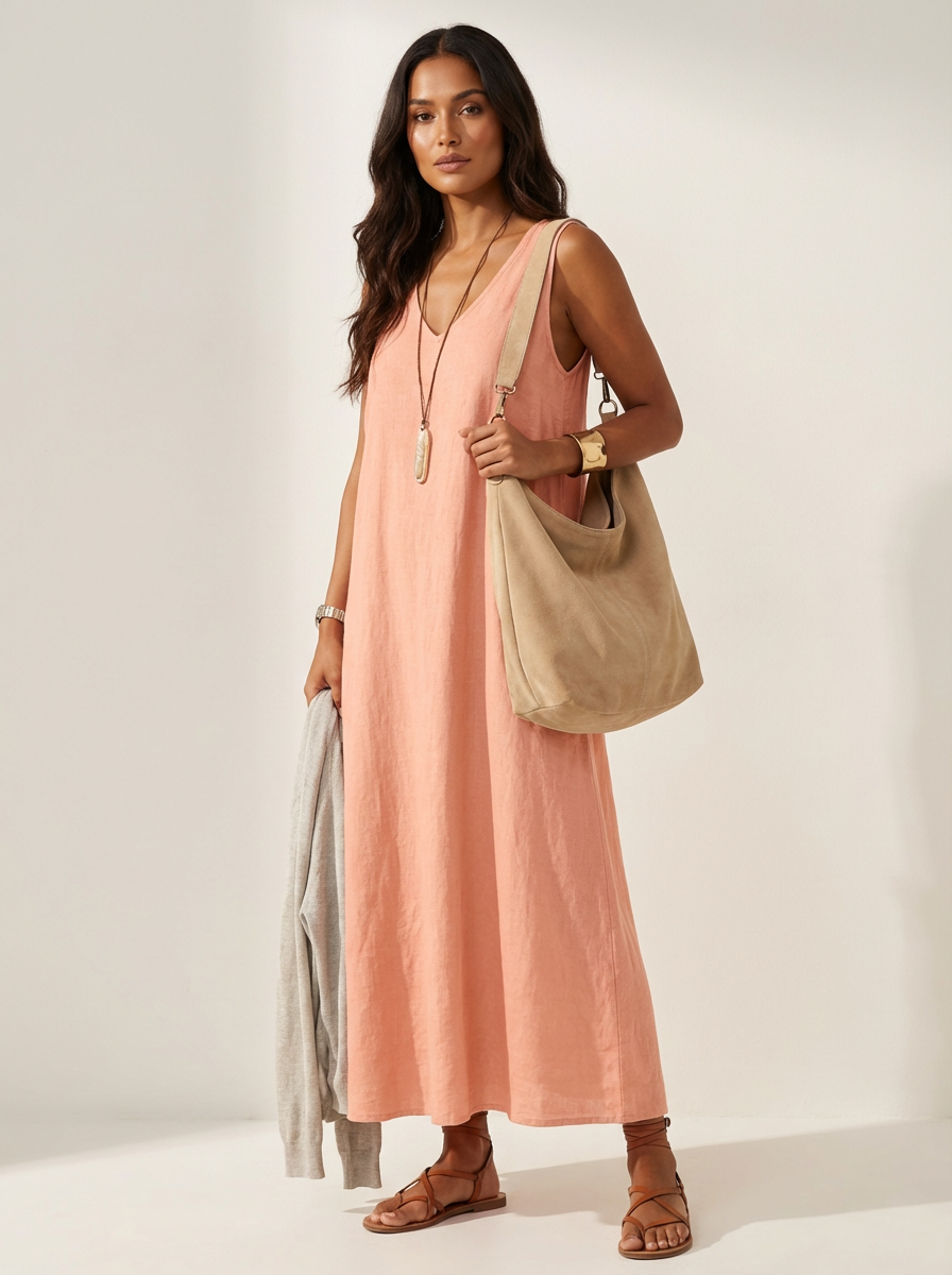 Linen-Look Sleeveless Maxi Dress – V-Neck Flowy Summer Dress