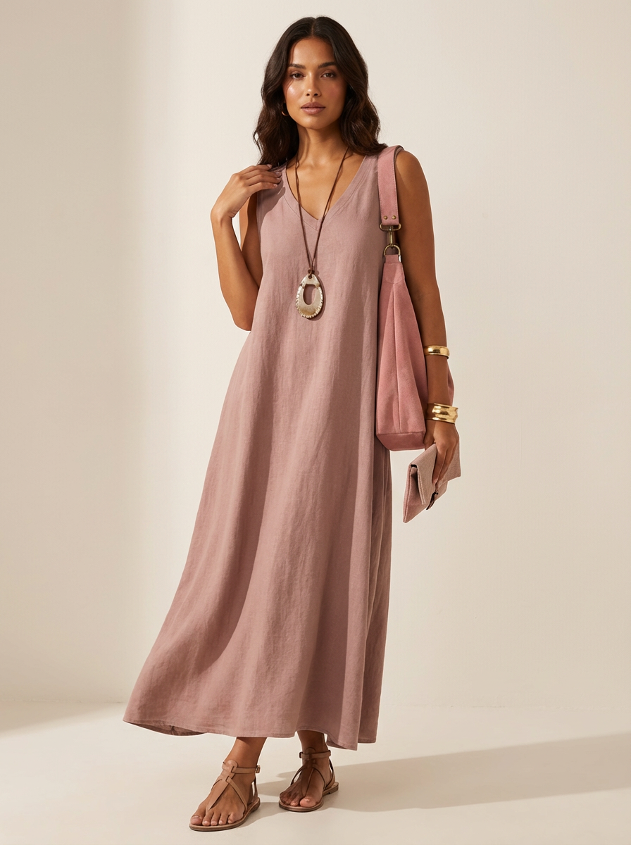 Linen-Look Sleeveless Maxi Dress – V-Neck Flowy Summer Dress