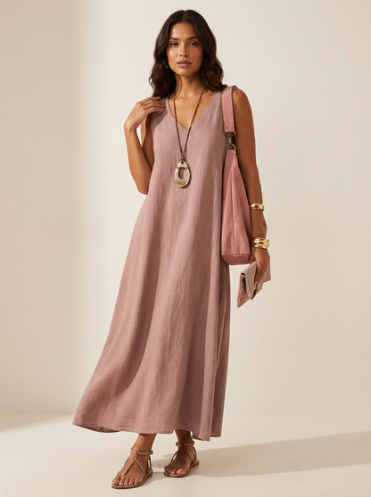 Linen-Look Sleeveless Maxi Dress – V-Neck Flowy Summer Dress