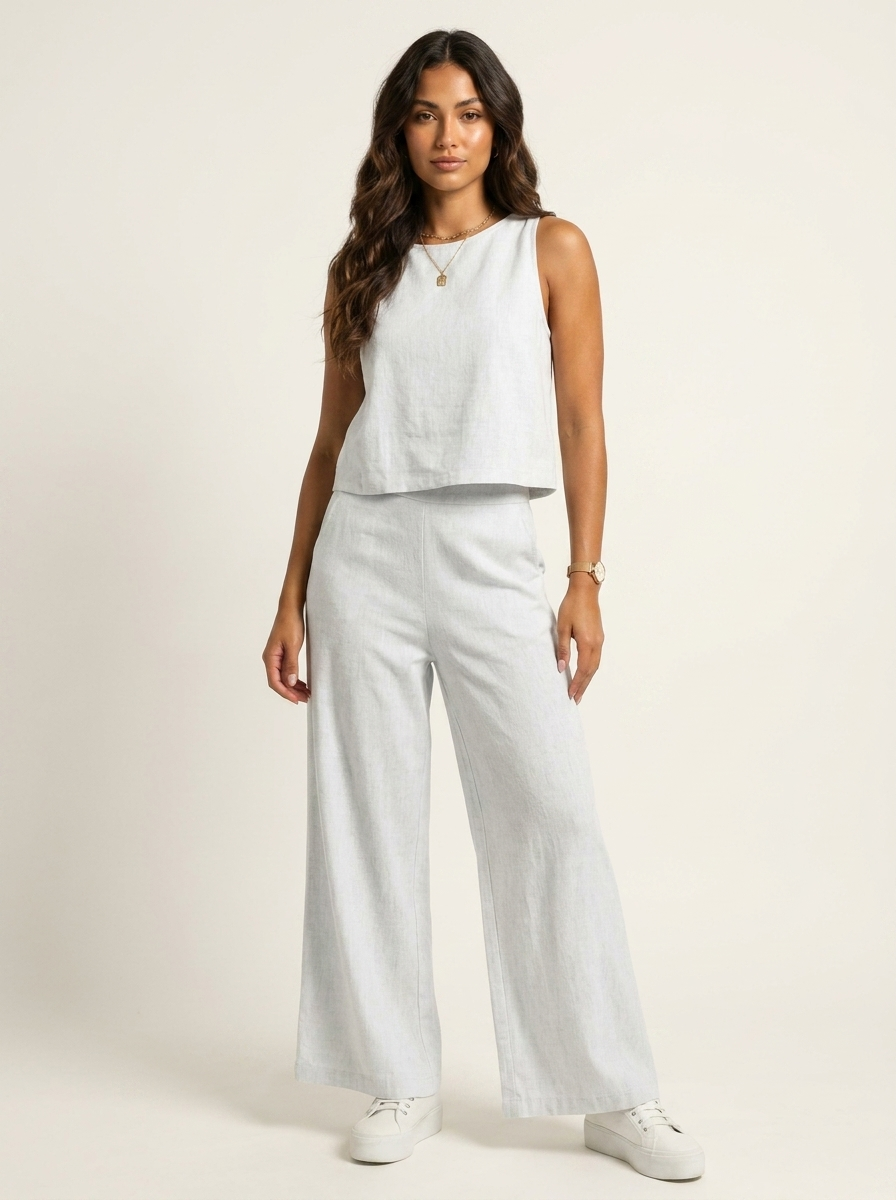 Linen-Look Two Piece Set – Sleeveless Top Wide Leg Pants Summer