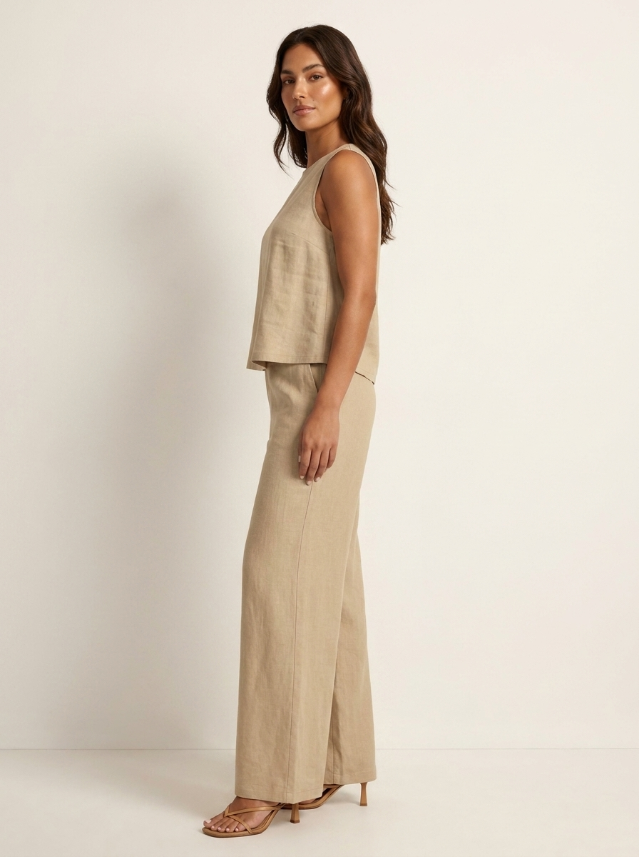 Linen-Look Two Piece Set – Sleeveless Top Wide Leg Pants Summer