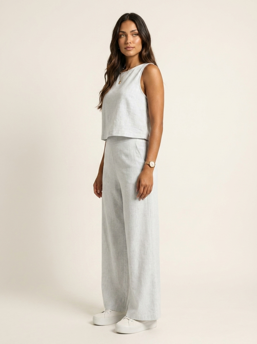 Linen-Look Two Piece Set – Sleeveless Top Wide Leg Pants Summer