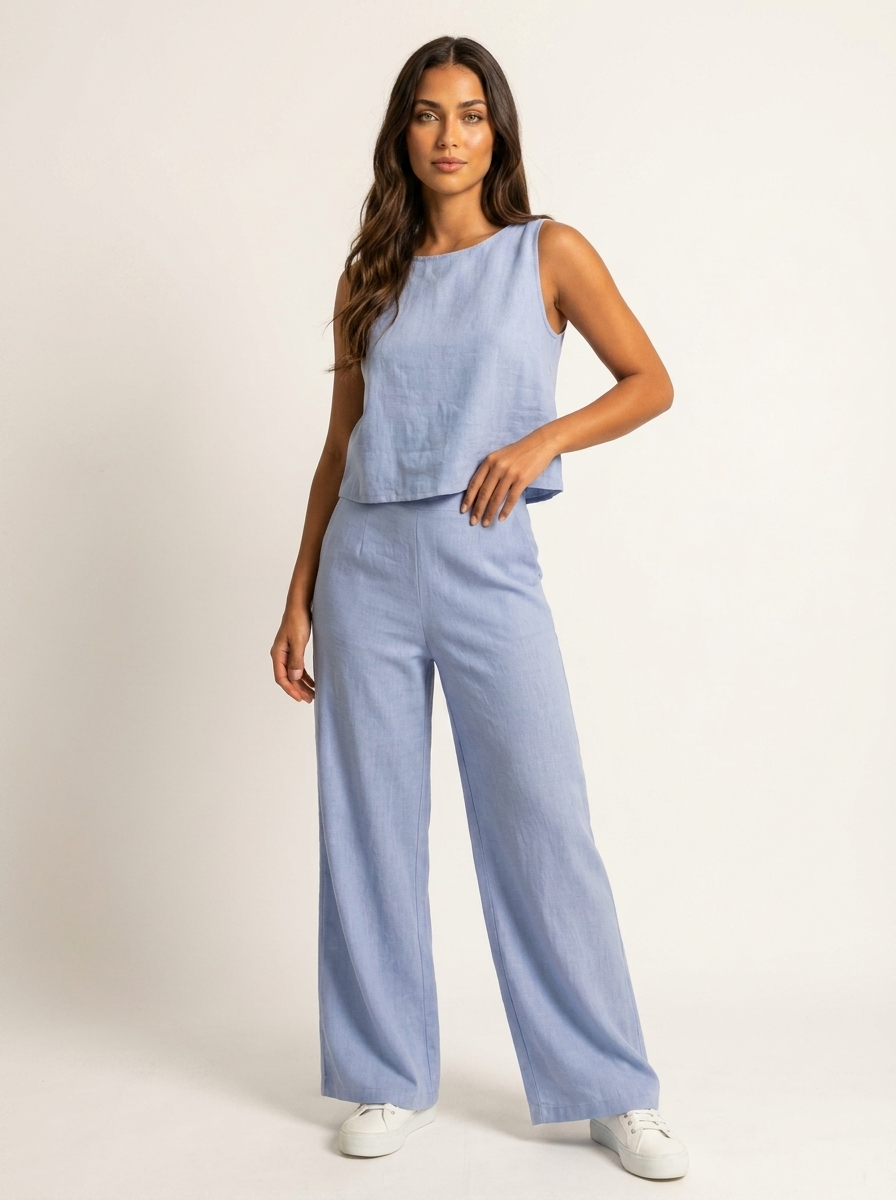 Linen-Look Two Piece Set – Sleeveless Top Wide Leg Pants Summer