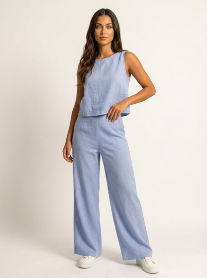 Linen-Look Two Piece Set – Sleeveless Top Wide Leg Pants Summer