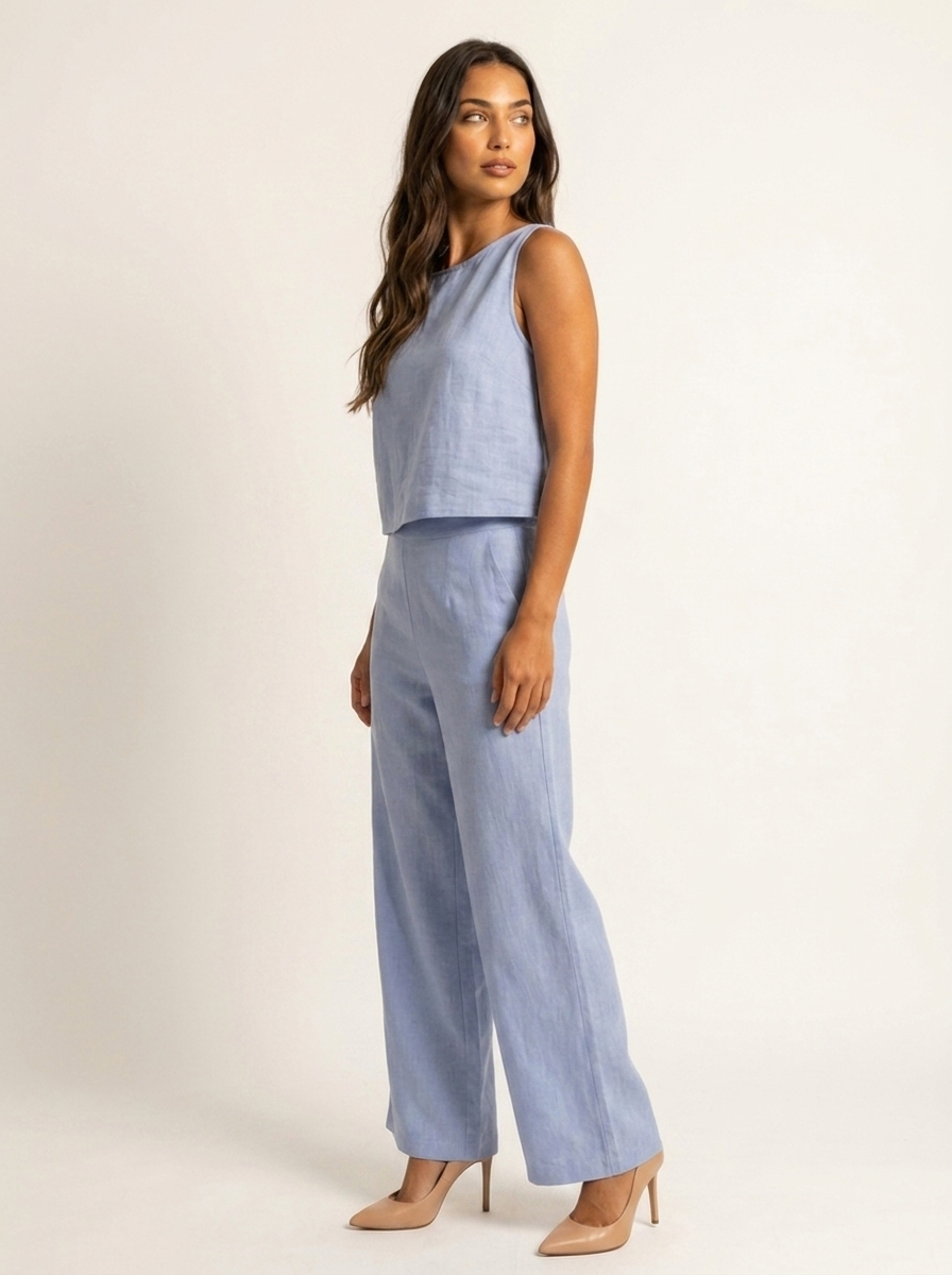 Linen-Look Two Piece Set – Sleeveless Top Wide Leg Pants Summer