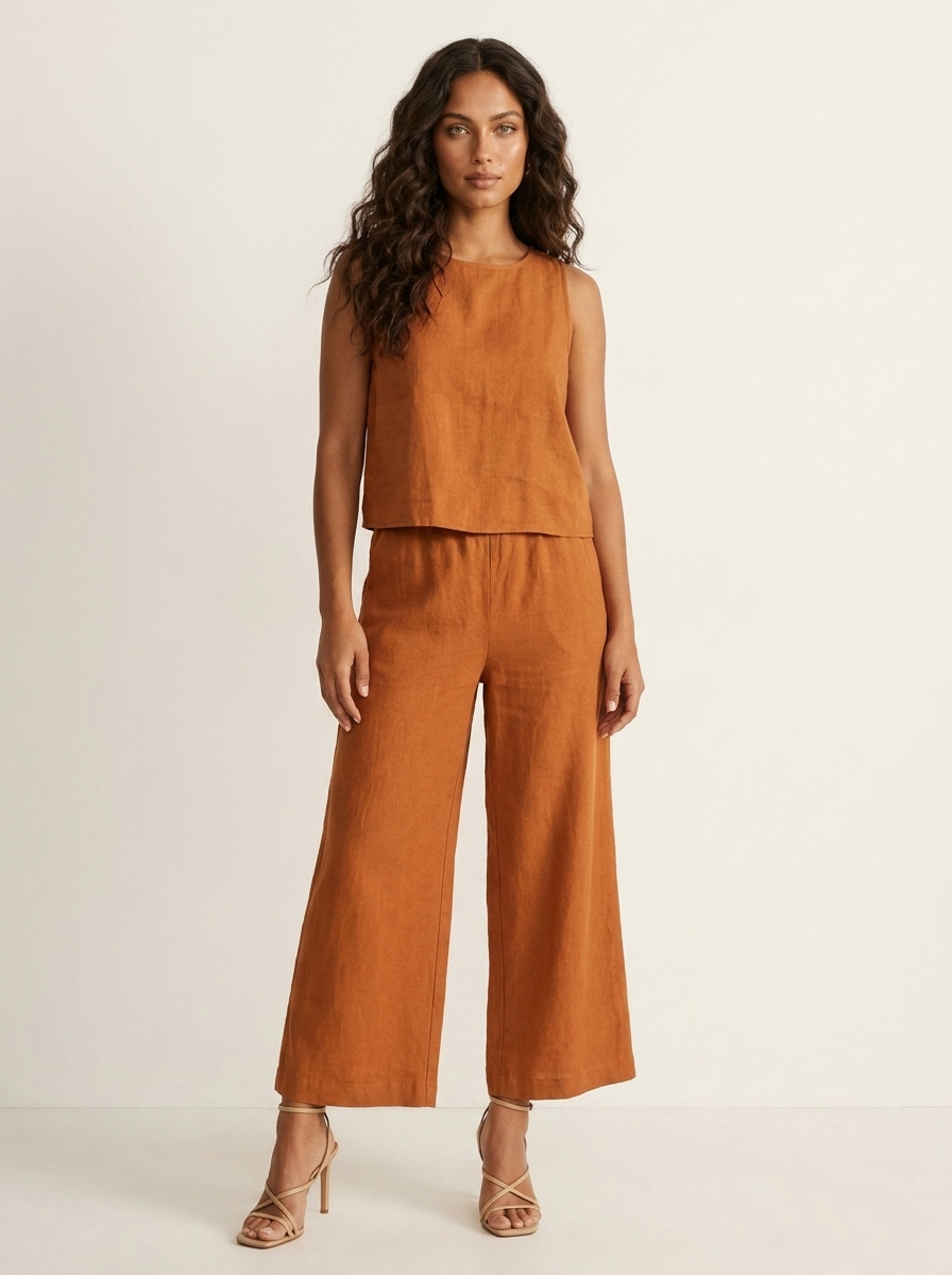Linen-Look Two Piece Set – Sleeveless Top Wide Leg Pants Summer