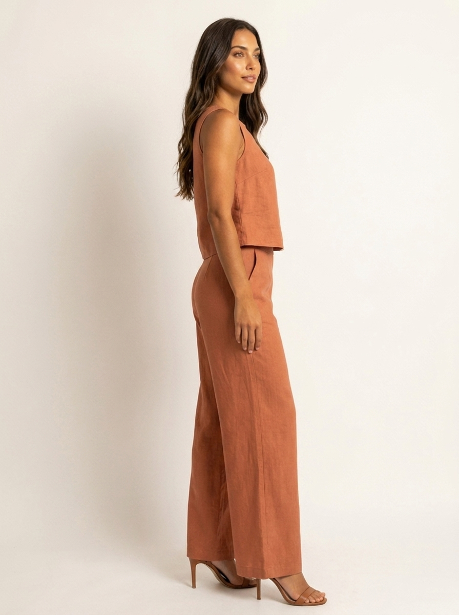 Linen-Look Two Piece Set – Sleeveless Top Wide Leg Pants Summer