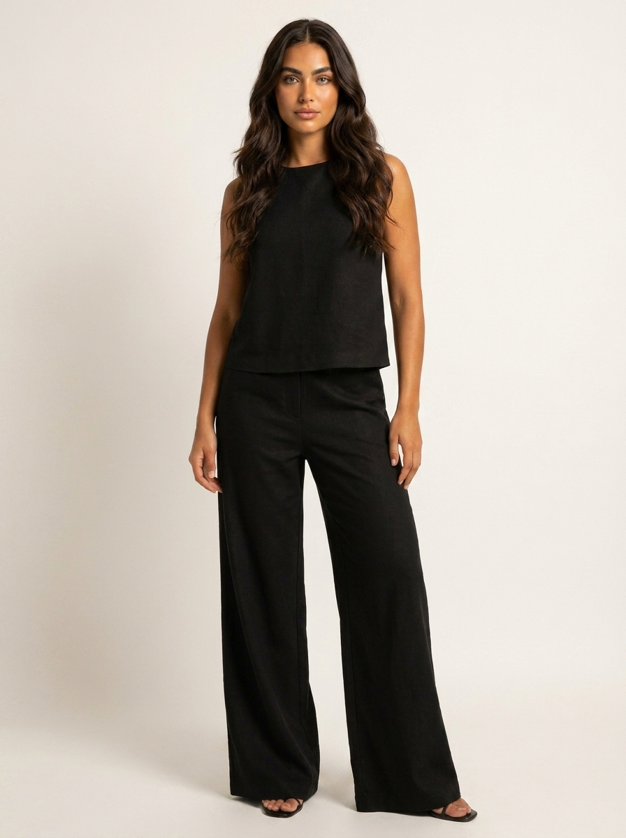 Linen-Look Two Piece Set – Sleeveless Top Wide Leg Pants Summer